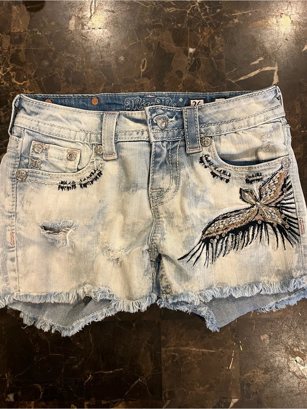 Miss Me Light Wash Embroidered Denim Shorts - Light Blue